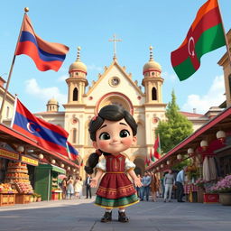 a joyful and curious Disney Pixar-style cartoon girl in a bustling city square that harmoniously blends the cultural and architectural essence of Armenia, Azerbaijan, and Georgia