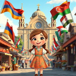 a joyful and curious Disney Pixar-style cartoon girl in a bustling city square that harmoniously blends the cultural and architectural essence of Armenia, Azerbaijan, and Georgia