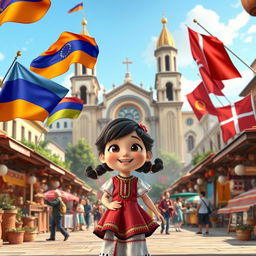 a joyful and curious Disney Pixar-style cartoon girl in a bustling city square that harmoniously blends the cultural and architectural essence of Armenia, Azerbaijan, and Georgia