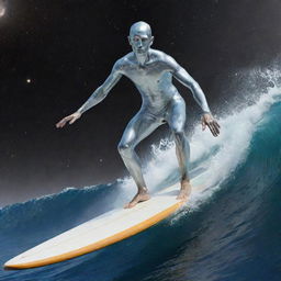 A man with silver skin, standing on a surfboard and surfing in outer space, his board creating a trail of cosmic waves, positioned near the Earth.