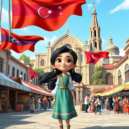 a Disney Pixar-style cartoon girl exuding curiosity and joy, situated in a lively city square that artistically integrates cultural and architectural elements from Armenia, Azerbaijan, and Georgia