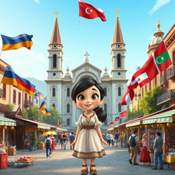 a Disney Pixar-style cartoon girl exuding curiosity and joy, situated in a lively city square that artistically integrates cultural and architectural elements from Armenia, Azerbaijan, and Georgia