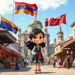 a Disney Pixar-style cartoon girl exuding curiosity and joy, situated in a lively city square that artistically integrates cultural and architectural elements from Armenia, Azerbaijan, and Georgia