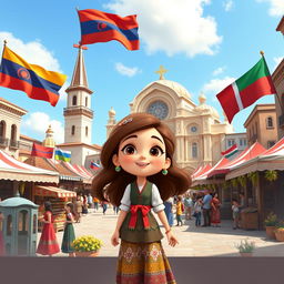 a Disney Pixar-style cartoon girl exuding curiosity and joy, situated in a lively city square that artistically integrates cultural and architectural elements from Armenia, Azerbaijan, and Georgia