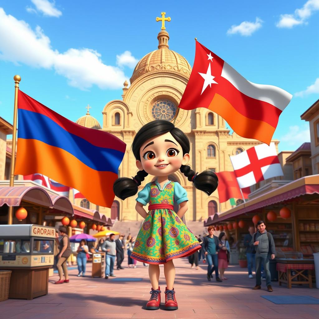 a Disney Pixar-style cartoon girl, infused with joy and curiosity, in a lively city square embodying cultural and architectural elements from Armenia, Azerbaijan, and Georgia