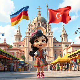 a Disney Pixar-style cartoon girl, infused with joy and curiosity, in a lively city square embodying cultural and architectural elements from Armenia, Azerbaijan, and Georgia