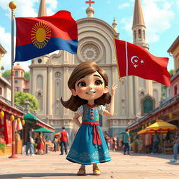 a Disney Pixar-style cartoon girl, infused with joy and curiosity, in a lively city square embodying cultural and architectural elements from Armenia, Azerbaijan, and Georgia