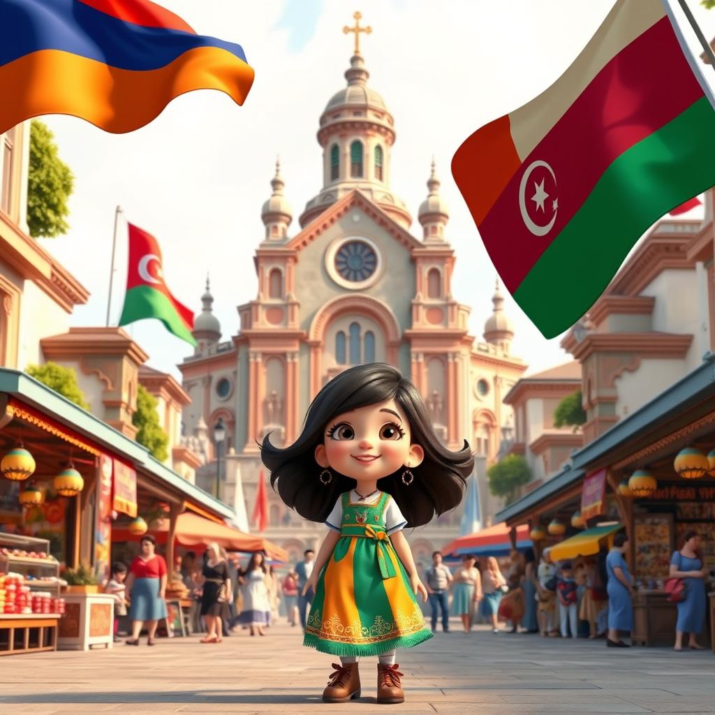 a Disney Pixar-style cartoon girl, infused with joy and curiosity, in a lively city square embodying cultural and architectural elements from Armenia, Azerbaijan, and Georgia