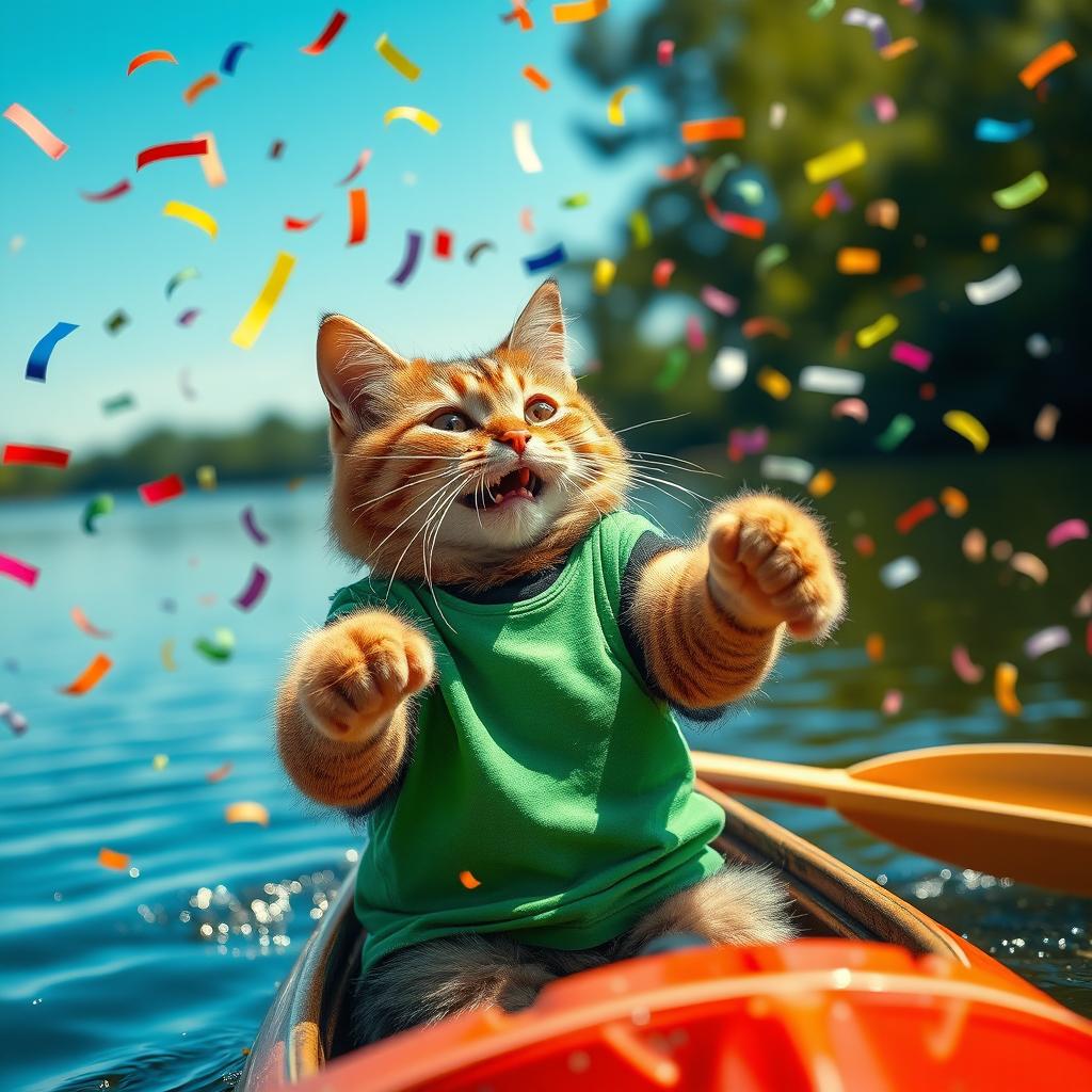 A photorealistic scene of a cat wearing a green T-shirt energetically paddling a canoe