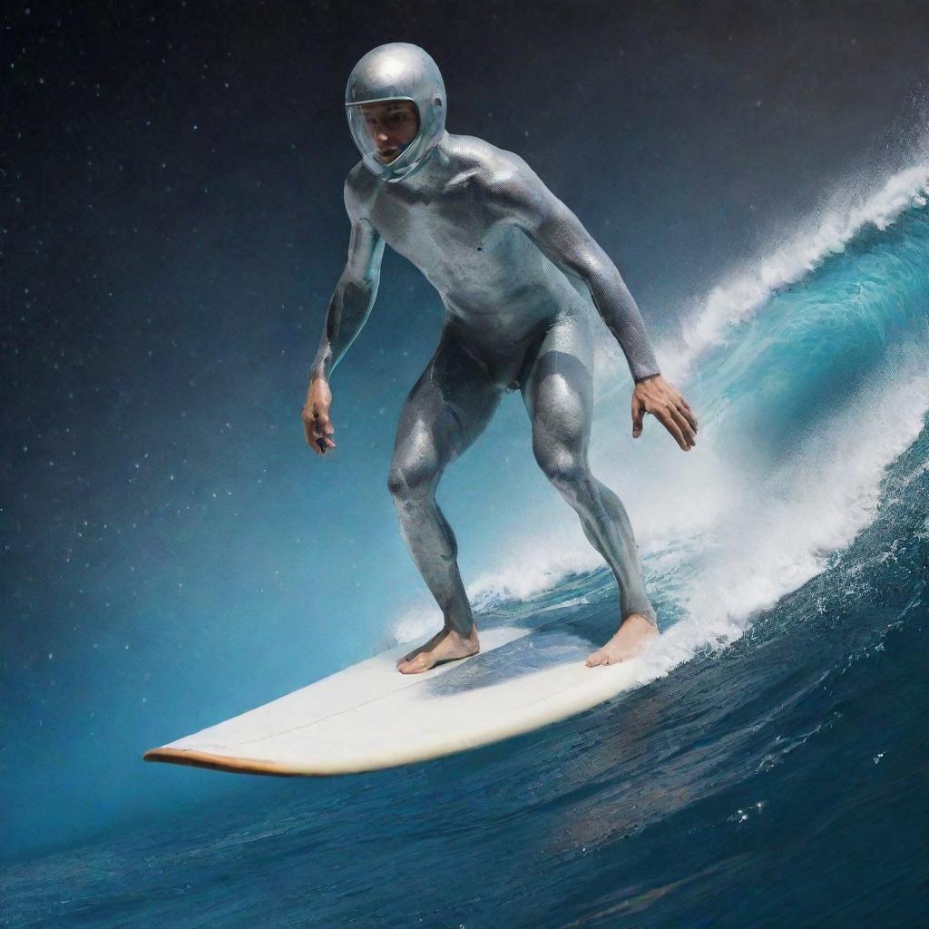 A man with silver skin, standing on a surfboard and surfing in outer space, his board creating a trail of cosmic waves, positioned near the Earth.