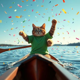 A photorealistic scene of a cat wearing a green T-shirt energetically paddling a canoe