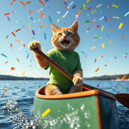 A photorealistic scene of a cat wearing a green T-shirt energetically paddling a canoe