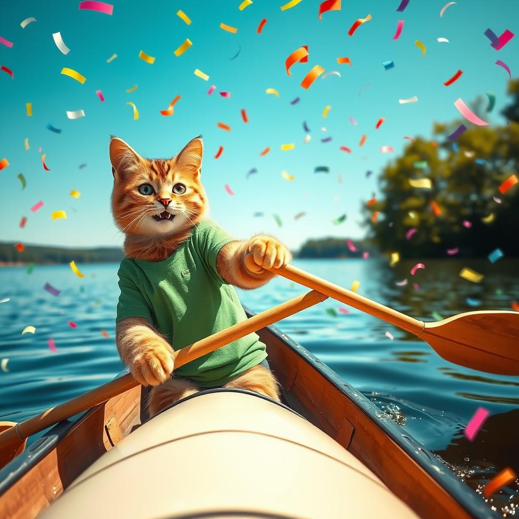 A photorealistic scene of a cat wearing a green T-shirt energetically paddling a canoe