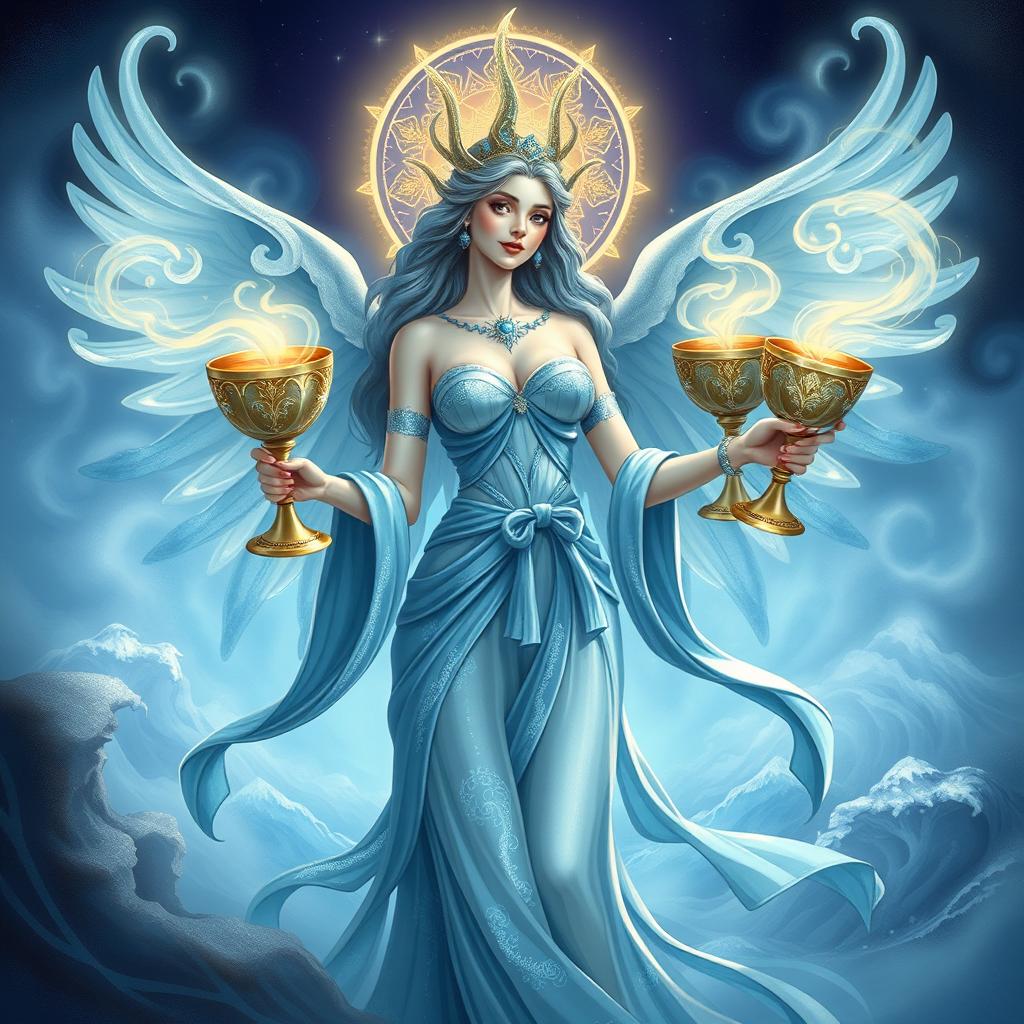 A celestial goddess representing the Suit of Cups, symbolizing emotions, relationships, and intuition, portrayed in a stylized, artistic form that is neither realistic nor cartoonish