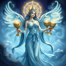 A celestial goddess representing the Suit of Cups, symbolizing emotions, relationships, and intuition, portrayed in a stylized, artistic form that is neither realistic nor cartoonish