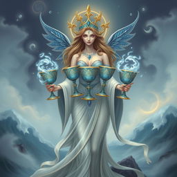 A celestial goddess representing the Suit of Cups, symbolizing emotions, relationships, and intuition, portrayed in a stylized, artistic form that is neither realistic nor cartoonish