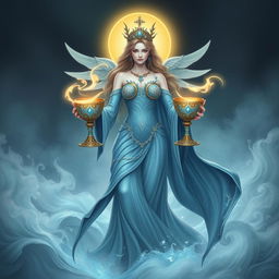 A celestial goddess representing the Suit of Cups, symbolizing emotions, relationships, and intuition, portrayed in a stylized, artistic form that is neither realistic nor cartoonish