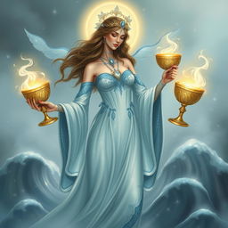 A celestial goddess representing the Suit of Cups, symbolizing emotions, relationships, and intuition, portrayed in a stylized, artistic form that is neither realistic nor cartoonish