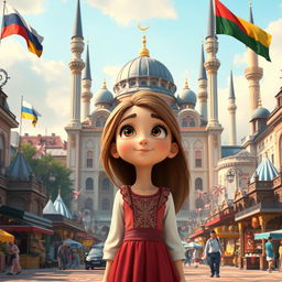 a Disney Pixar-style cartoon girl with an expression of wonder, standing in the heart of a city that beautifully blends elements from Russia, Ukraine, and Belarus