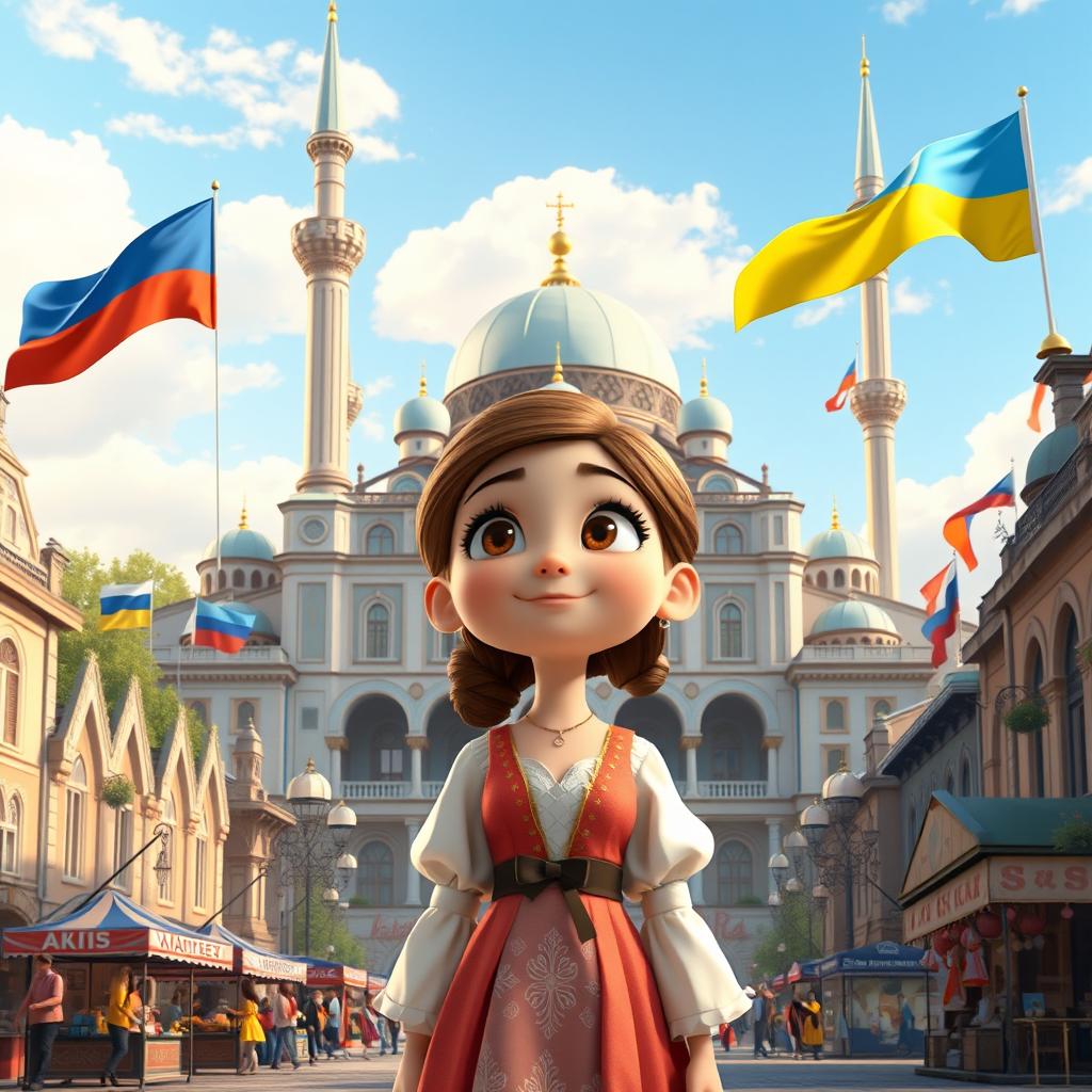 a Disney Pixar-style cartoon girl with an expression of wonder, standing in the heart of a city that beautifully blends elements from Russia, Ukraine, and Belarus