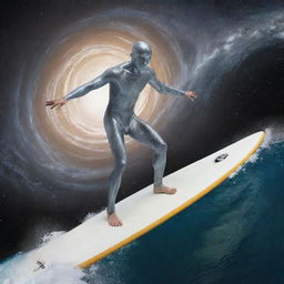 A man with silver skin, standing on a surfboard and surfing in outer space, his board creating a trail of cosmic waves, positioned near the Earth.