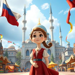 a Disney Pixar-style cartoon girl with an expression of wonder, standing in the heart of a city that beautifully blends elements from Russia, Ukraine, and Belarus