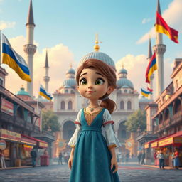 a Disney Pixar-style cartoon girl with an expression of wonder, standing in the heart of a city that beautifully blends elements from Russia, Ukraine, and Belarus