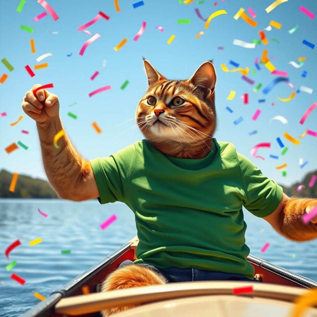 A photorealistic scene depicting a cool, strong cat wearing a snug green T-shirt, showcasing its toned muscles as it paddles a canoe with determination