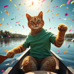 A photorealistic scene depicting a cool, strong cat wearing a snug green T-shirt, showcasing its toned muscles as it paddles a canoe with determination