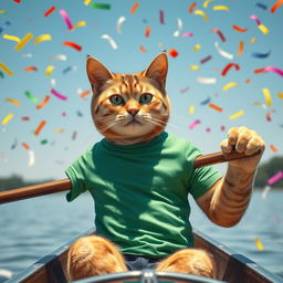 A photorealistic scene depicting a cool, strong cat wearing a snug green T-shirt, showcasing its toned muscles as it paddles a canoe with determination