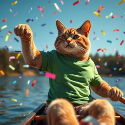 A photorealistic scene depicting a cool, strong cat wearing a snug green T-shirt, showcasing its toned muscles as it paddles a canoe with determination