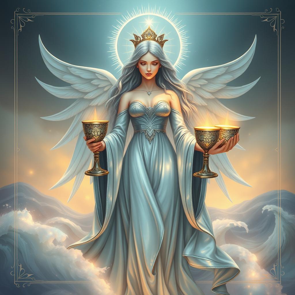 An ethereal goddess symbolizing the Suit of Cups, a representation of emotions, relationships, and intuition, depicted holding three intricately designed goblets