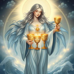 An ethereal goddess symbolizing the Suit of Cups, a representation of emotions, relationships, and intuition, depicted holding three intricately designed goblets