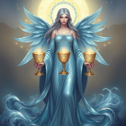 An ethereal goddess symbolizing the Suit of Cups, a representation of emotions, relationships, and intuition, depicted holding three intricately designed goblets