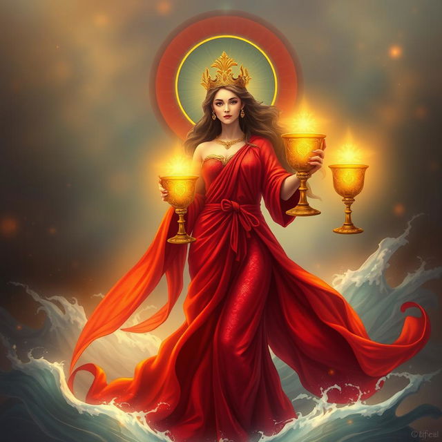 A radiant goddess embodying the Suit of Cups, symbolizing emotions, relationships, and intuition, holding three exquisitely designed goblets