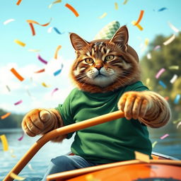 A strong, cool cat wearing a green T-shirt and a stylish hat paddling a canoe amidst flying confetti, capturing a festive birthday atmosphere