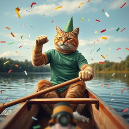 A strong, cool cat wearing a green T-shirt and a stylish hat paddling a canoe amidst flying confetti, capturing a festive birthday atmosphere