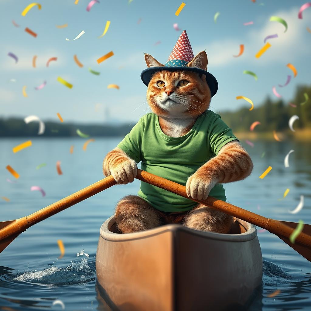 A strong, cool cat wearing a green T-shirt and a stylish hat paddling a canoe amidst flying confetti, capturing a festive birthday atmosphere