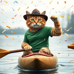 A strong, cool cat wearing a green T-shirt and a stylish hat paddling a canoe amidst flying confetti, capturing a festive birthday atmosphere