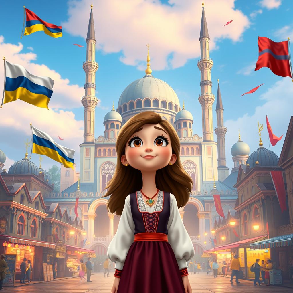 a Disney Pixar-style cartoon girl with an expression of wonder, standing in the heart of a city that beautifully blends elements from Russia, Ukraine, and Belarus