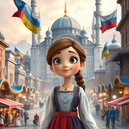 a Disney Pixar-style cartoon girl with an expression of wonder, standing in the heart of a city that beautifully blends elements from Russia, Ukraine, and Belarus