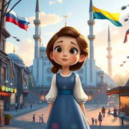 a Disney Pixar-style cartoon girl with an expression of wonder, standing in the heart of a city that beautifully blends elements from Russia, Ukraine, and Belarus