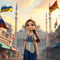 a Disney Pixar-style cartoon girl with an expression of wonder, standing in the heart of a city that beautifully blends elements from Russia, Ukraine, and Belarus