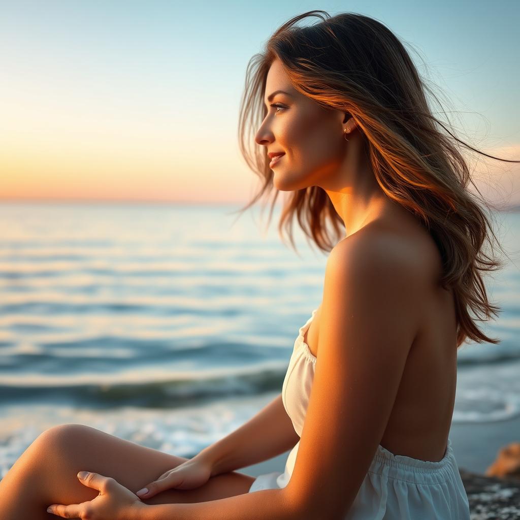 A stunning side profile of a beautiful woman sitting gracefully by the sea