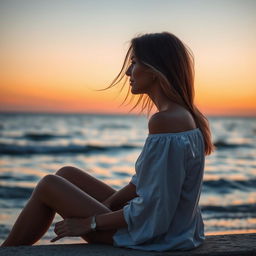 A stunning side profile of a beautiful woman sitting gracefully by the sea