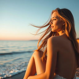 A stunning side profile of a beautiful woman sitting gracefully by the sea