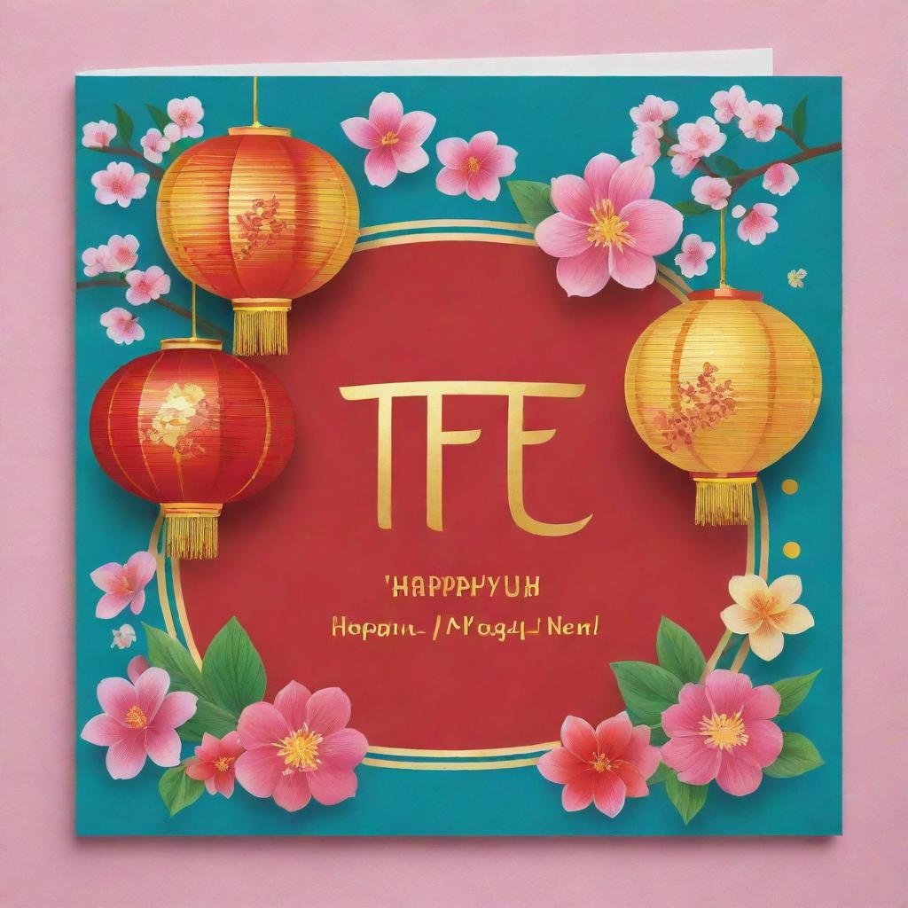 A vibrant Tet greeting card featuring traditional Vietnamese decorations, cherry blossoms, lanterns, and Lunar New Year symbols.