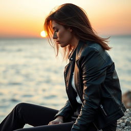 A captivating side profile of a woman wearing a stylish leather jacket and trousers, sitting by the sea