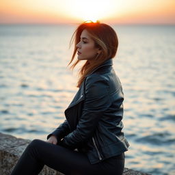 A captivating side profile of a woman wearing a stylish leather jacket and trousers, sitting by the sea