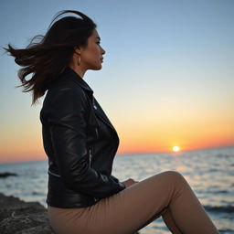 A captivating side profile of a woman wearing a stylish leather jacket and trousers, sitting by the sea